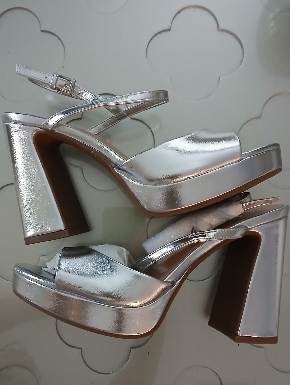 Metallic Silver Platform Block Heel Sandals - Women's
